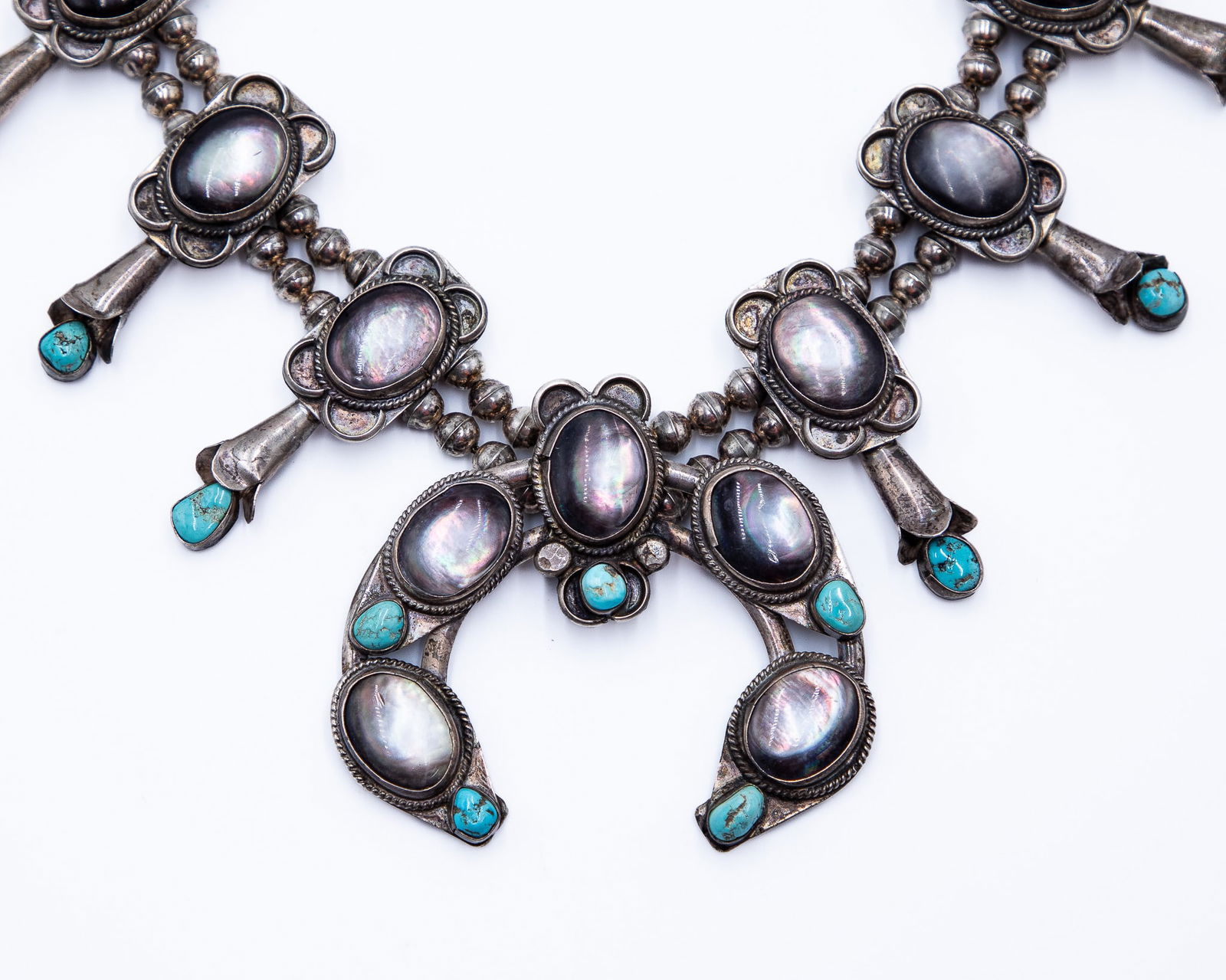 Vintage Navajo Turquoise Abalone Sterling Squash Blossom Necklace 28 Inches (1 of 7)