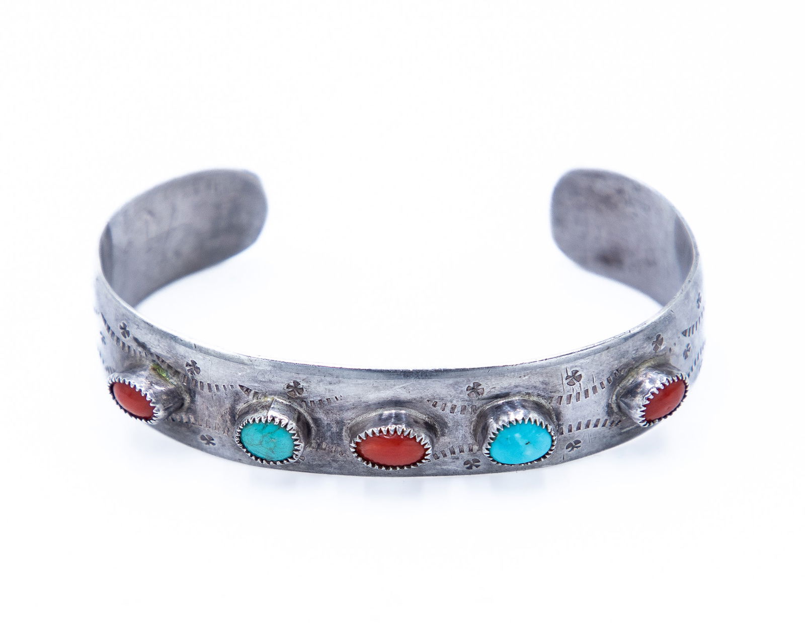 Vintage Signed Navajo Sterling Turquoise Coral Cuff Bracelet (1 of 7)