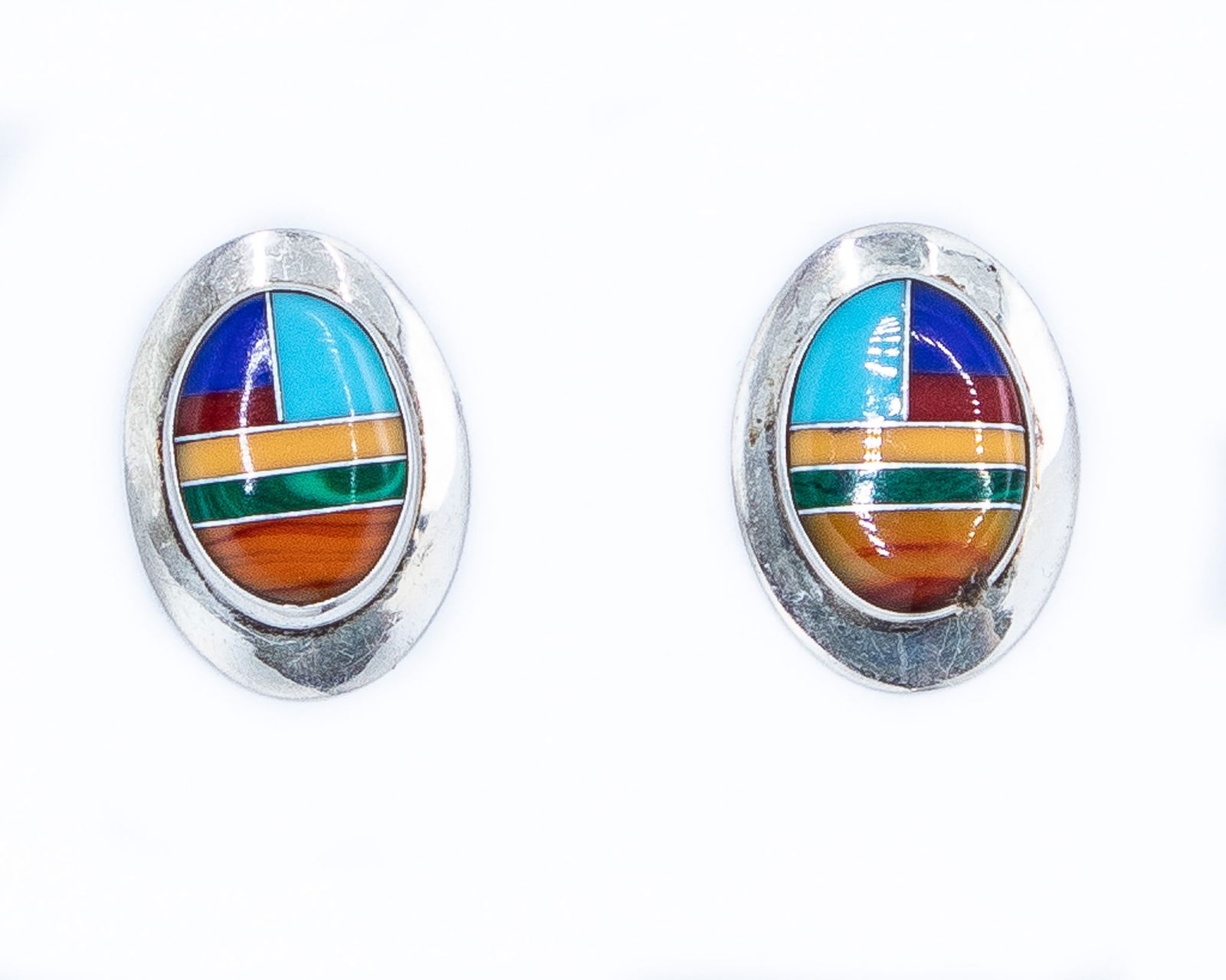Ella Peter Navajo Multi Stone Inlay Earrings: Ella Peter Navajo Multi Stone Inlay Earrings 4g-Turquoise, coral, lapis, malachite, spiny oyster