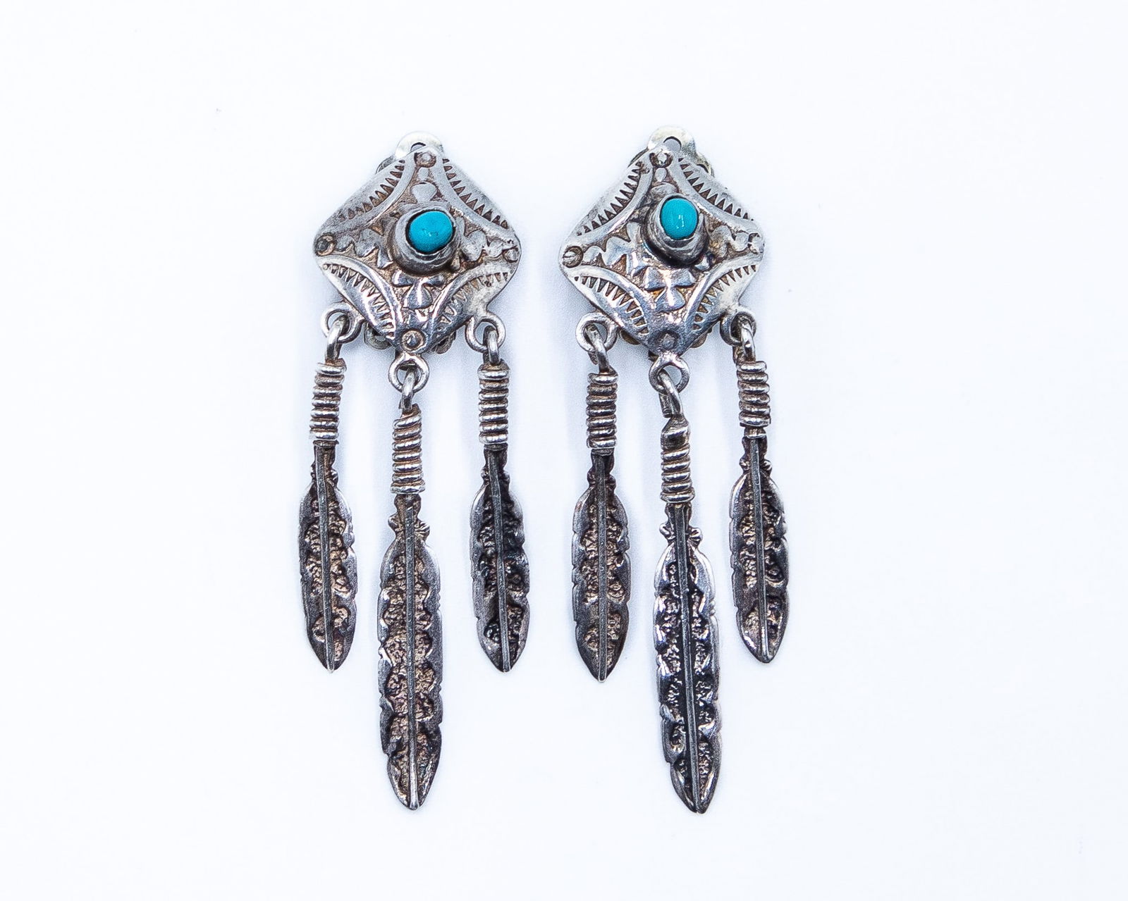 Vintage Navajo Snake Eye Turquoise Hand Stamped Sterling Feather Dangle Earrings (1 of 4)