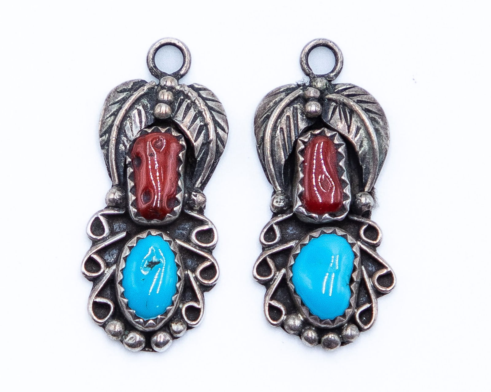 Signed F Vintage Navajo Sterling Coral Turquoise Hook Earrings (1 of 3)