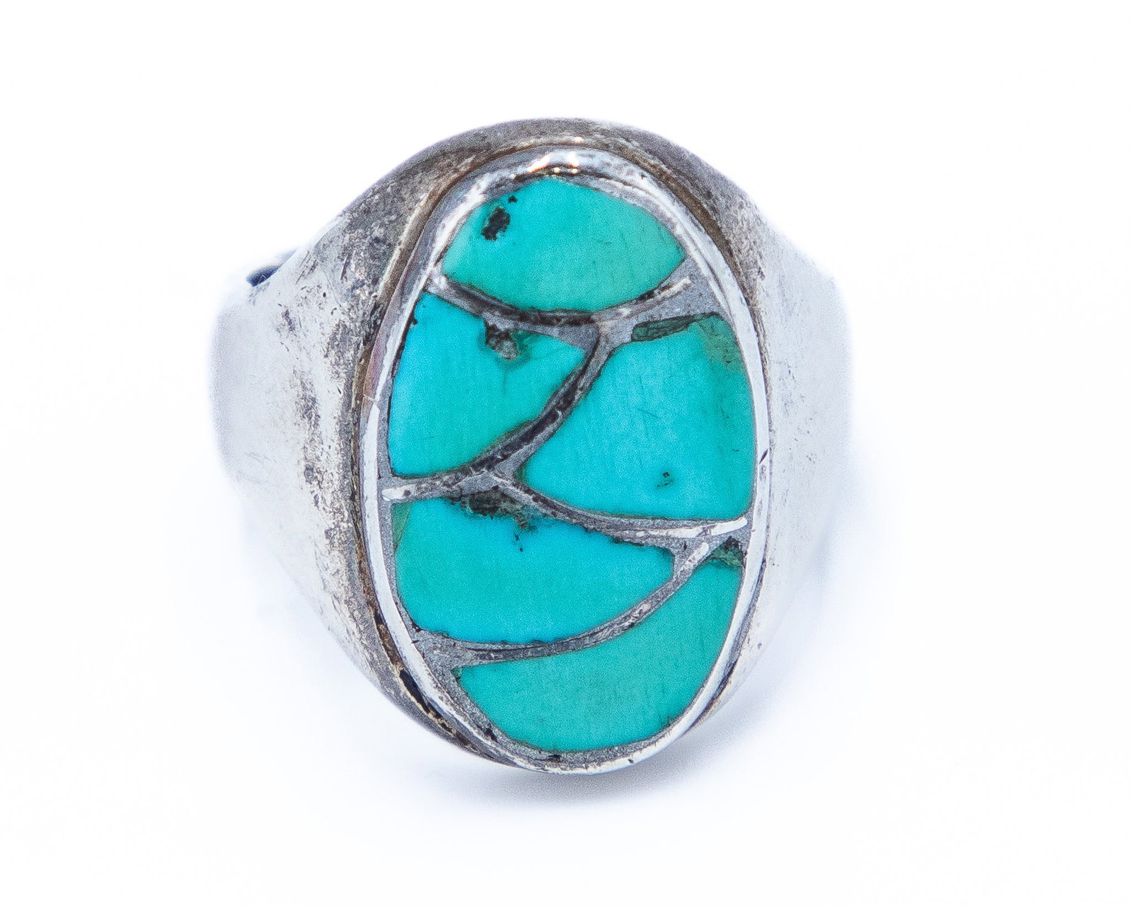 Signed A Vintage Zuni Sterling Turquoise Fish Scale Inlay Ring Sz. 10 (1 of 6)