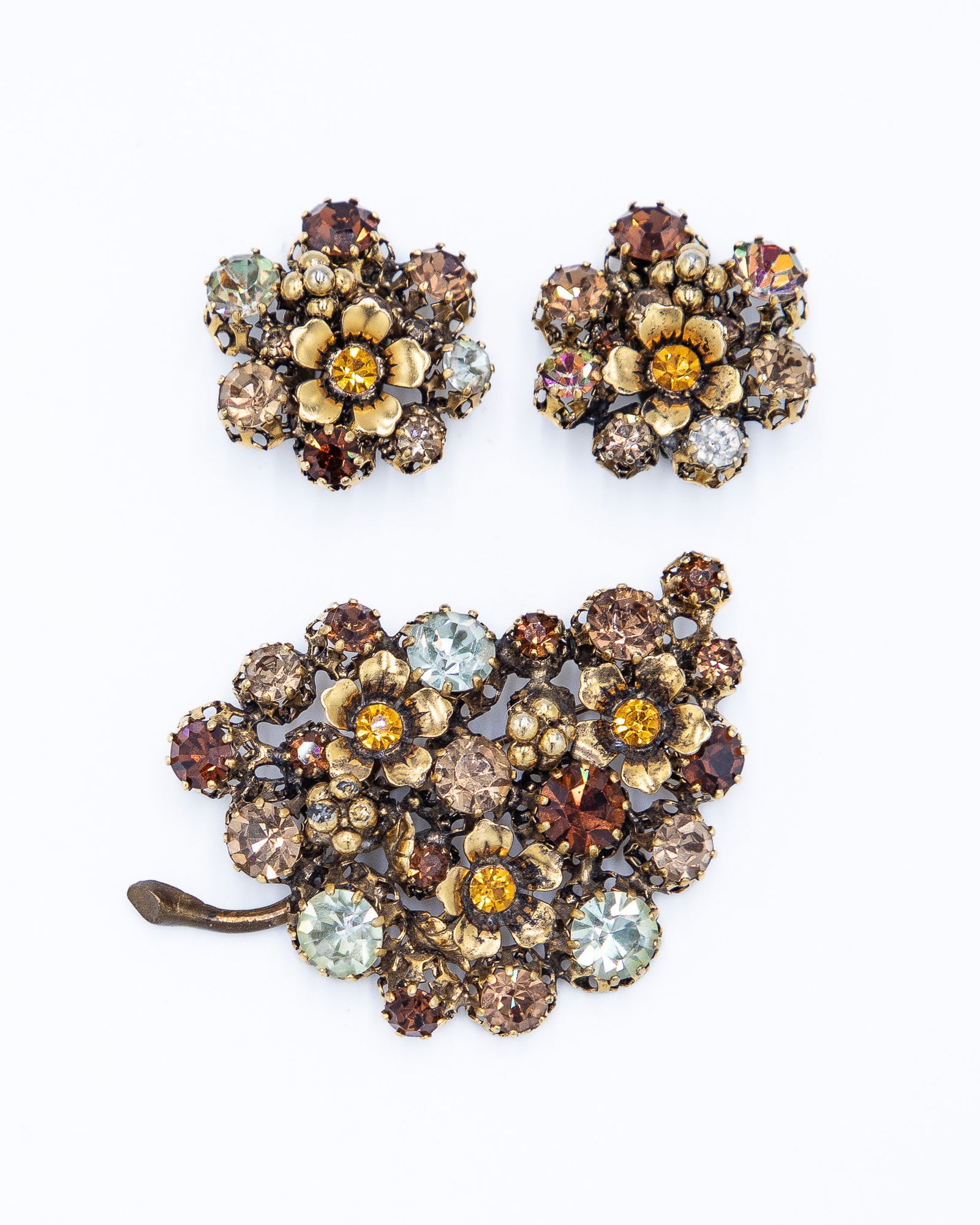 Austria Signed Amber Clear Rhinestone Brooch Earring Set (1 of 9)