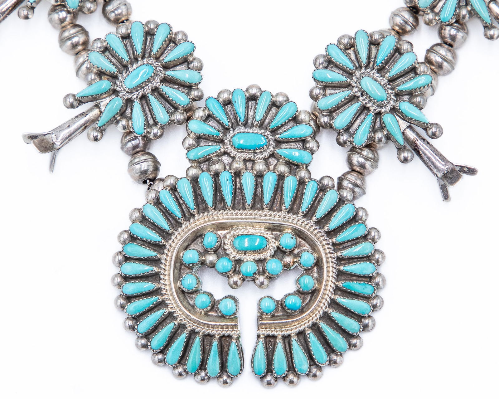Judy Wallace Zuni Petit Point Turquoise Sterling Squash Blossom Necklace (1 of 7)