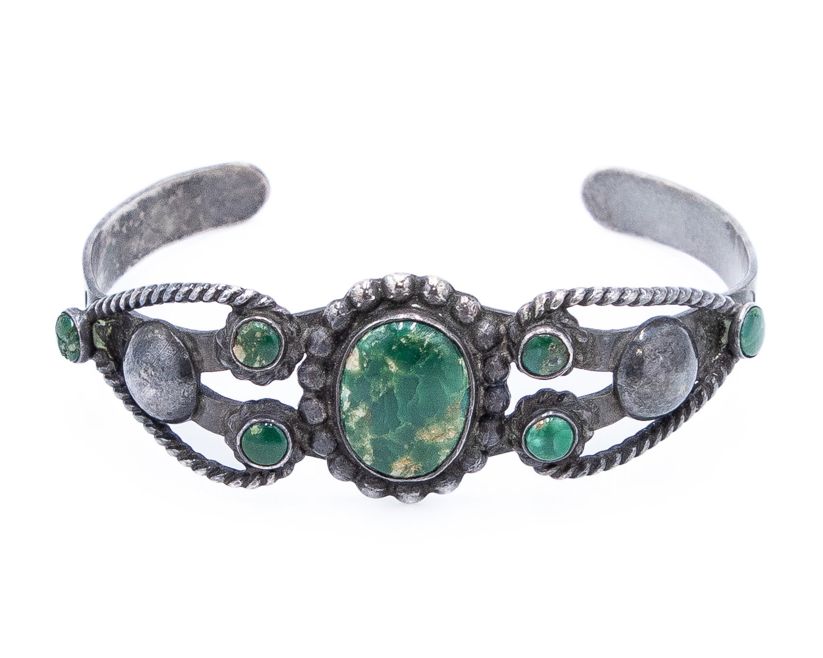 OLD Fred Harvey Era Navajo Vintage Sterling Green Turquoise Handstamped Cuff Bracelet: OLD Fred Harvey Era Vintage Sterling Green Turquoise Handstamped Cuff Bracelet 17g