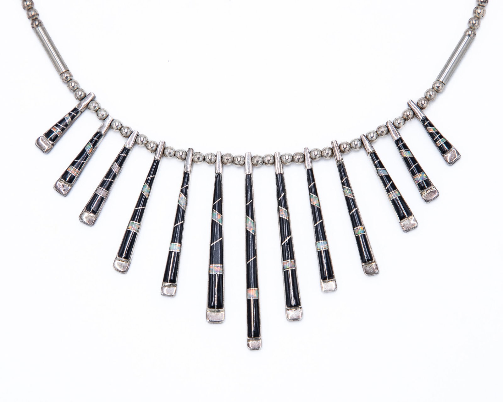 Elaine Sam Navajo Sterling Onyx Opal Inlay Fan Necklace: Elaine Sam Navajo Sterling Onyx Opal Inlay Fan Necklace 21.4g