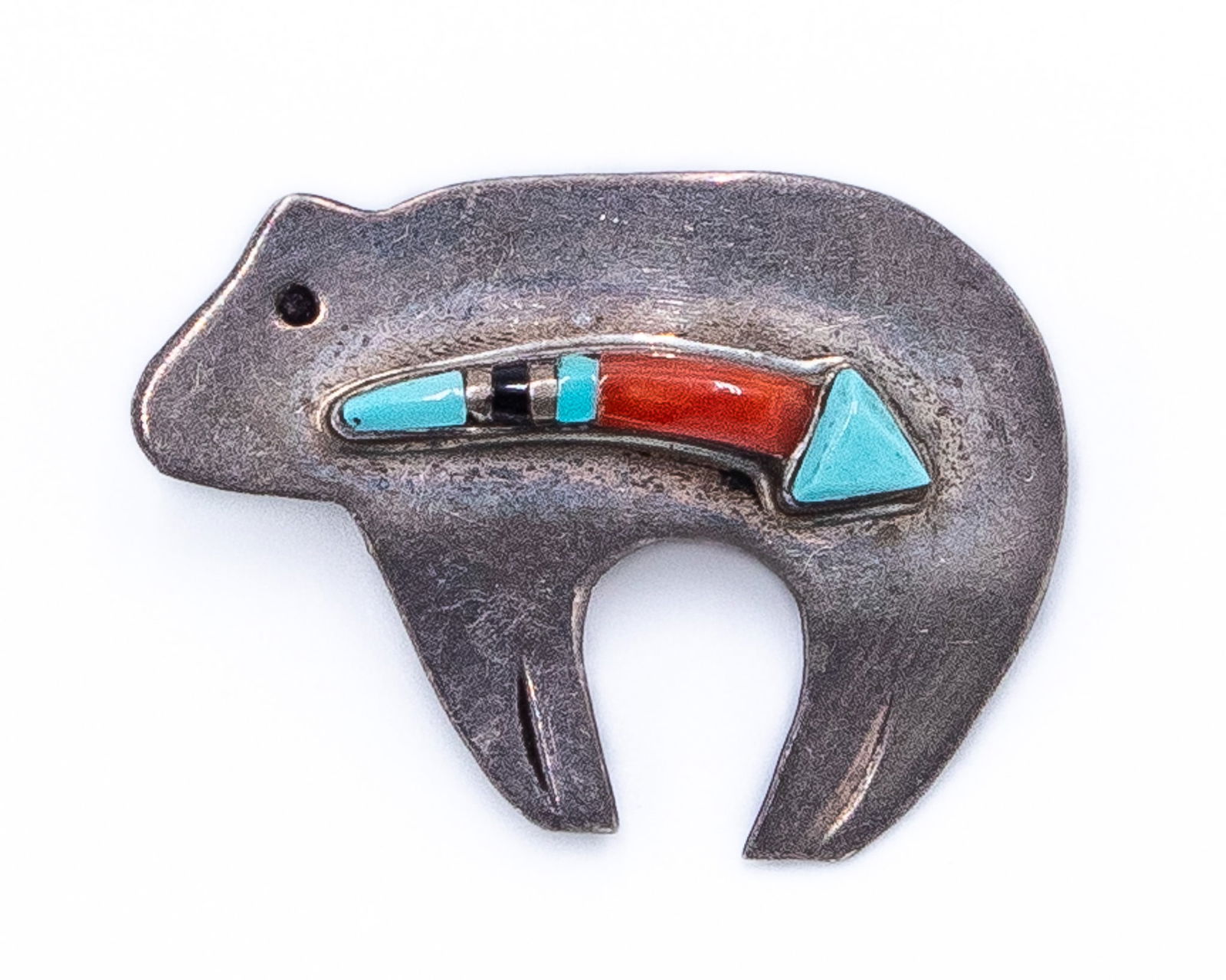 Fred Baca Navajo Vintage Sterling Inlay Heartline Bear Brooch (1 of 3)