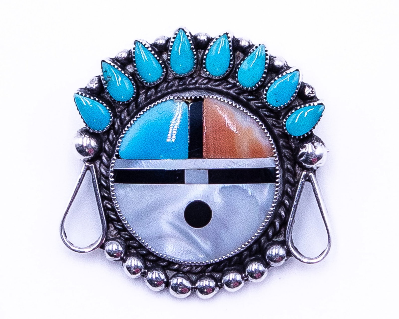 Signed EOA Zuni Multi Stone Sterling Sunface Inlay Brooch (1 of 4)