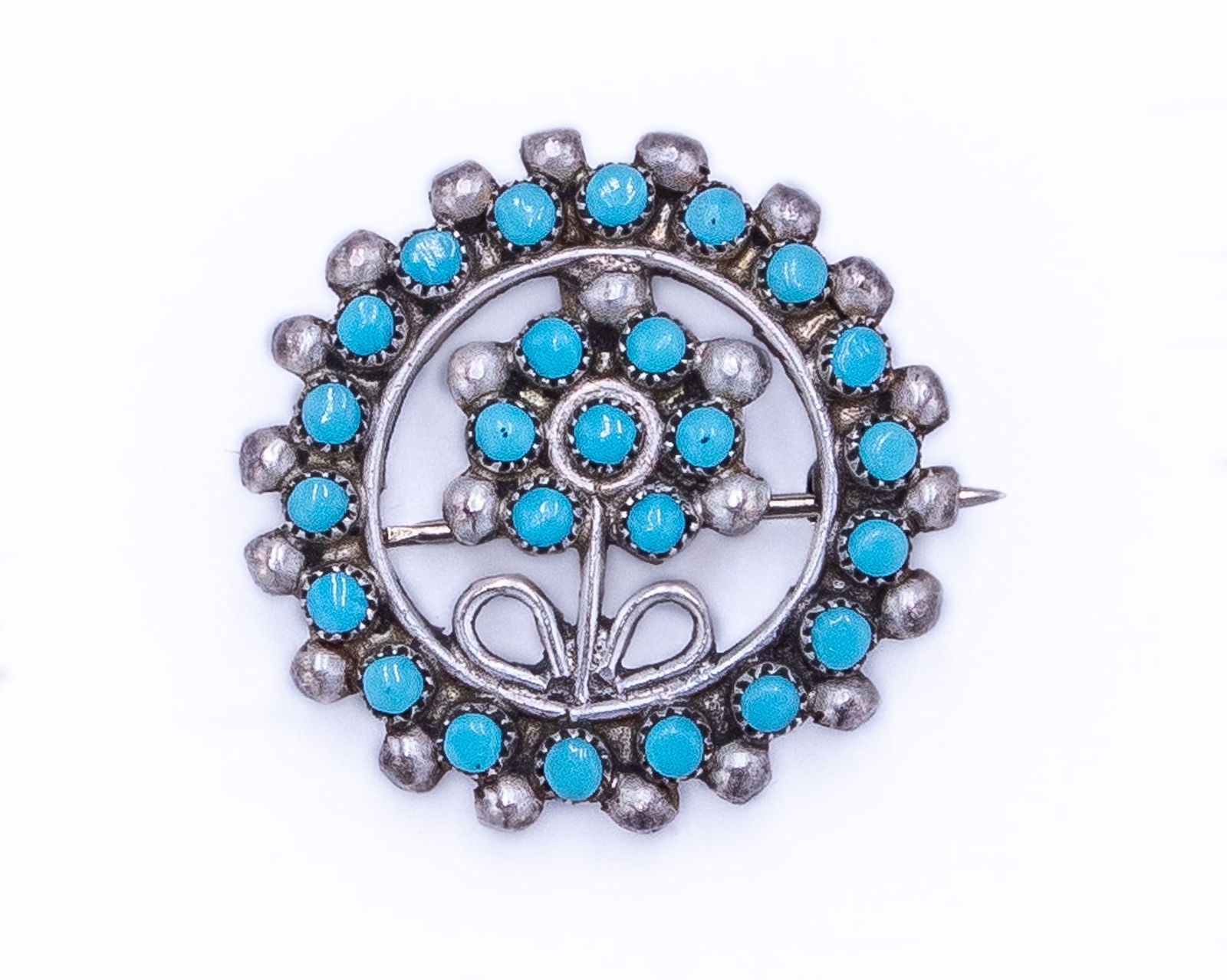 Vintage Zuni Snake Eye Turquoise Sterling Flower Brooch Pendant (1 of 3)