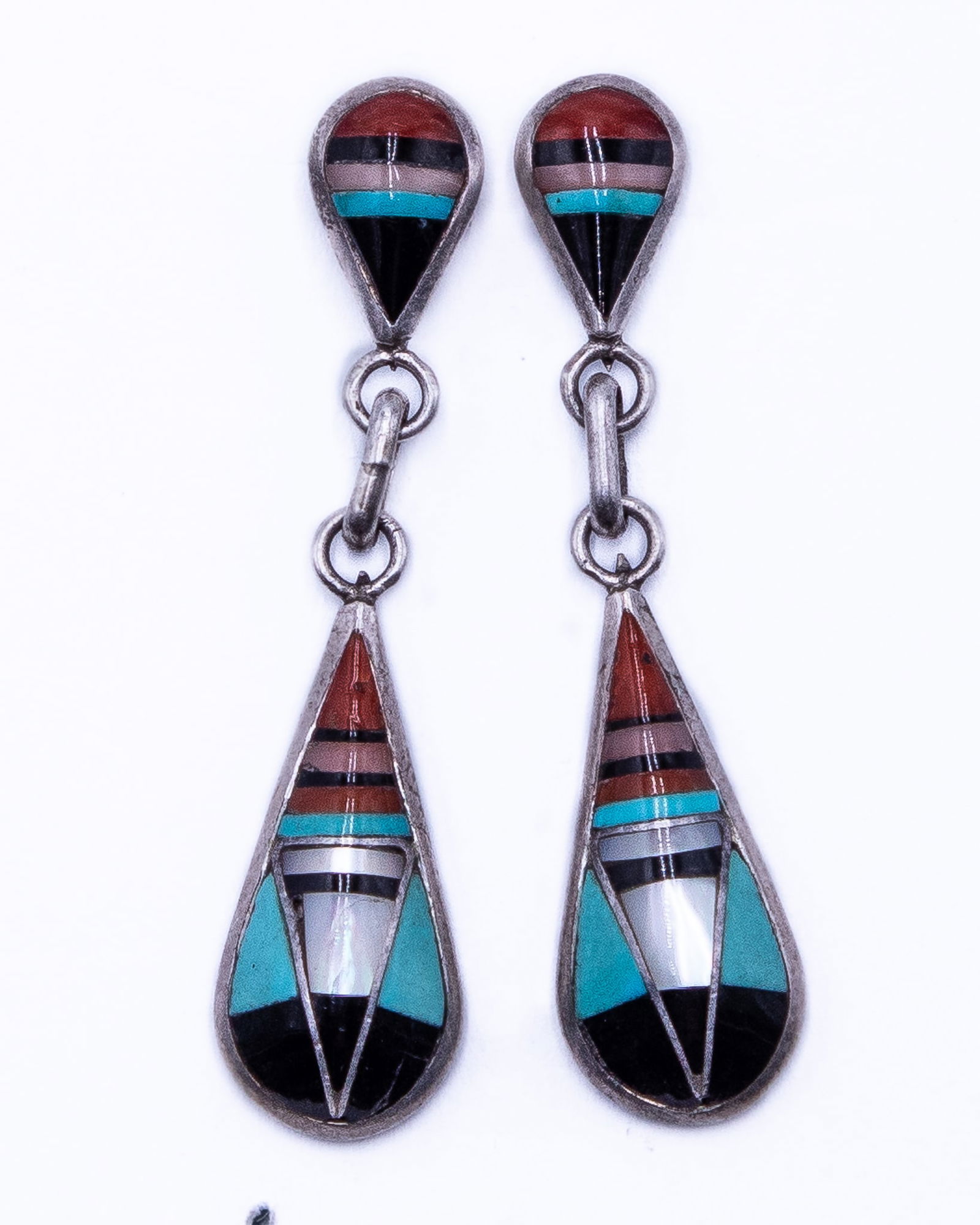 Signed FP Zuni Multi Stone Sterling Inlay Dangle Earrings (1 of 4)