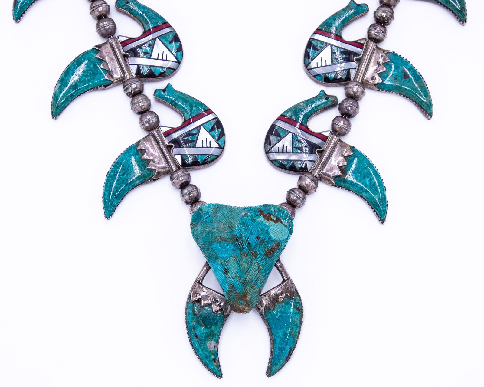 Phenomenal Carved Turquoise Bear Head Claw Squash Blossom Navajo Inlay Necklace (1 of 10)