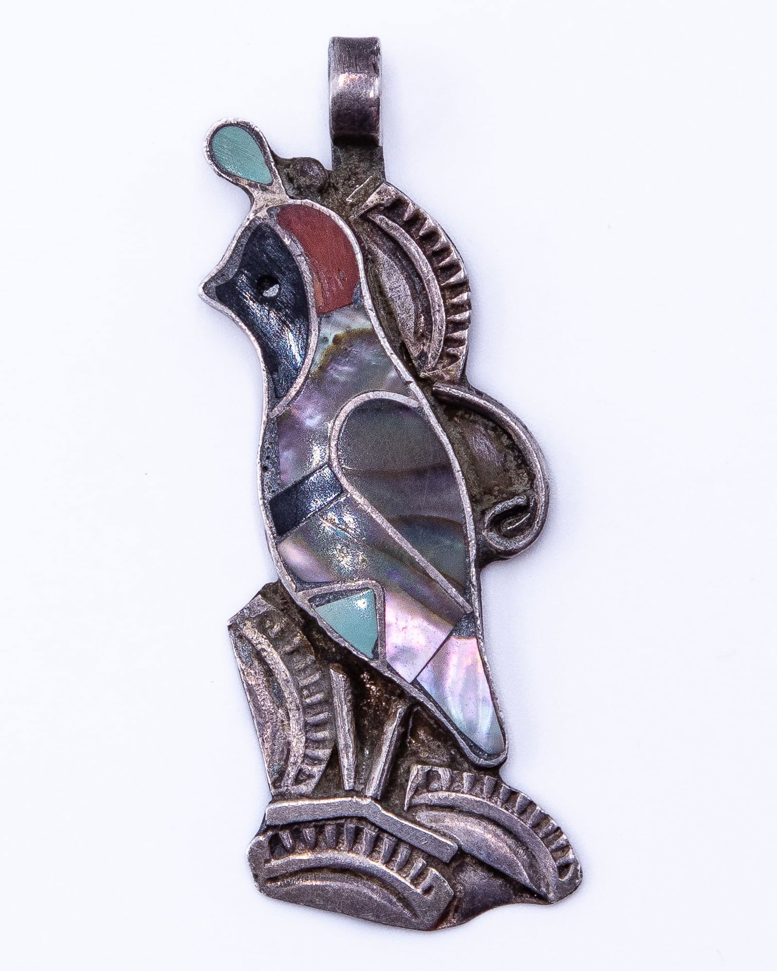 Vintage Zuni Multi Stone Sterling Inlay Bird Pendant (1 of 3)