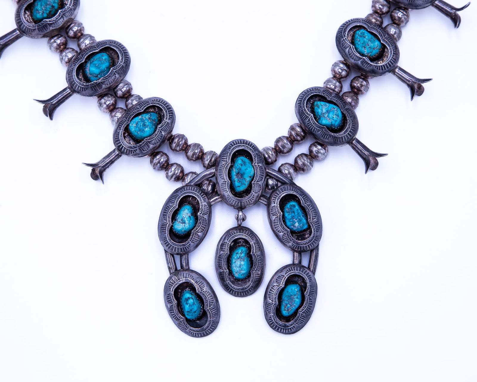 Signed M Navajo Turquoise Sterling Shadow Box Squash Blossom Necklace (1 of 7)