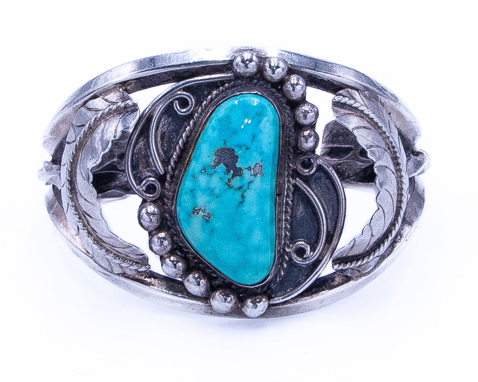 Signed M Navajo Turquoise Sterling Leaf Twist Cuff Bracelet (1 of 7)