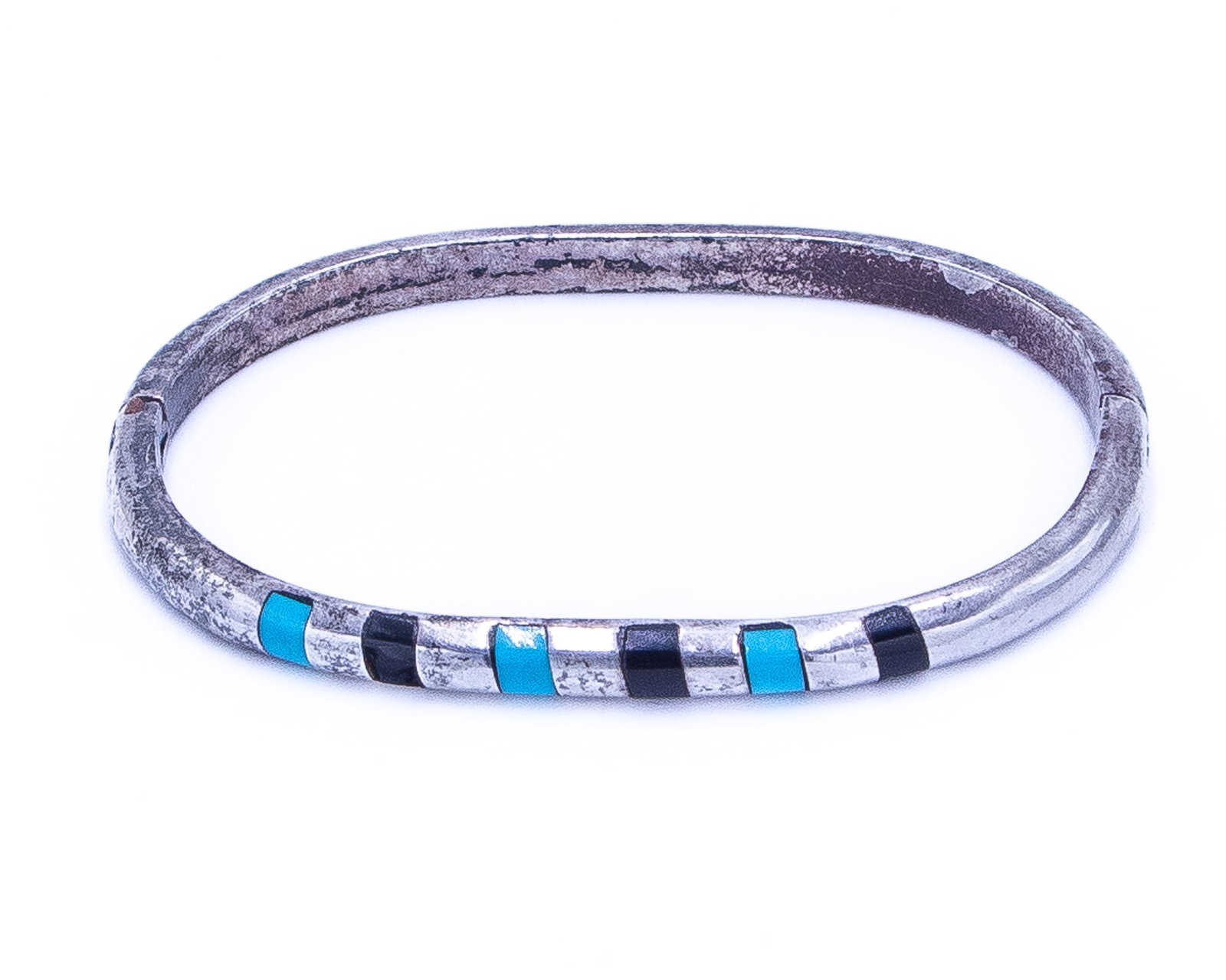 Vintage Turquoise Onyx Sterling Inlay Hinge Bracelet As Is: Vintage Turquoise Onyx Sterling Inlay Hinge Bracelet As Is 22g-Chip in Onyx Stone