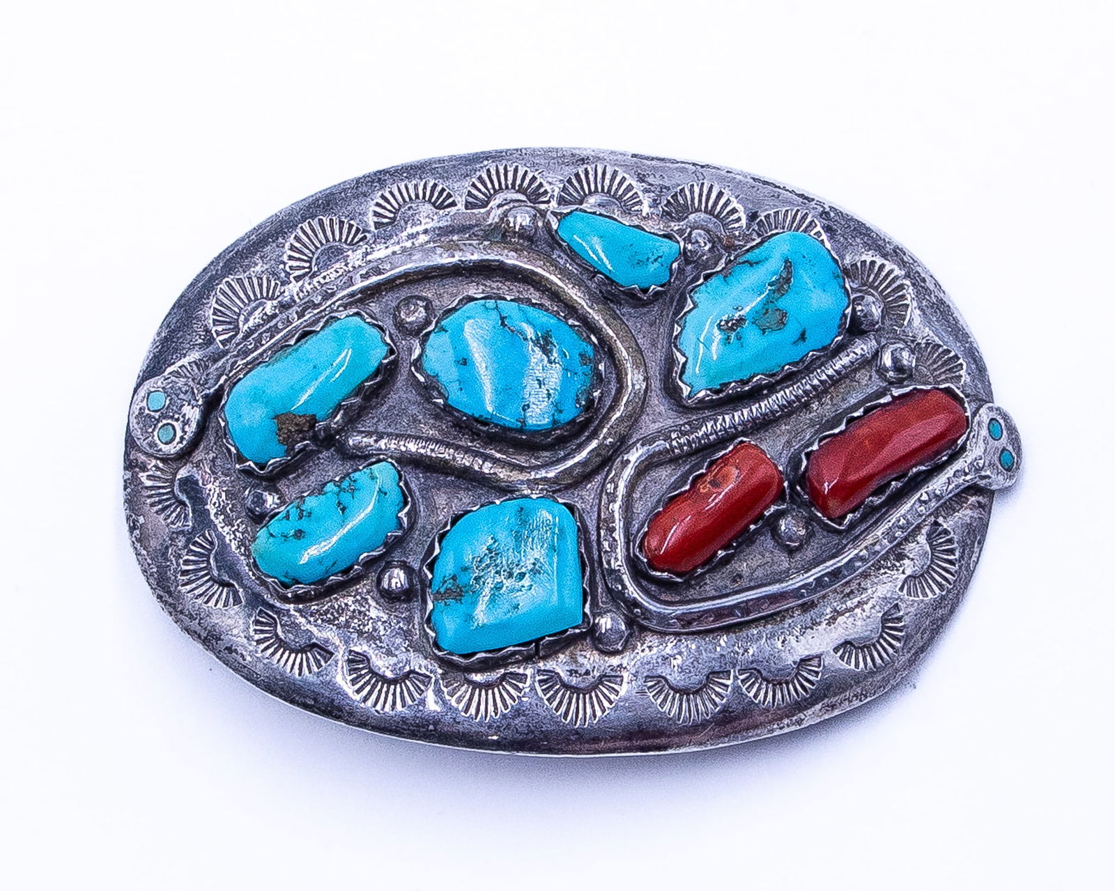 Effie Calavaza Zuni Coral Turquoise Sterling Snake Belt Buckle (1 of 4)