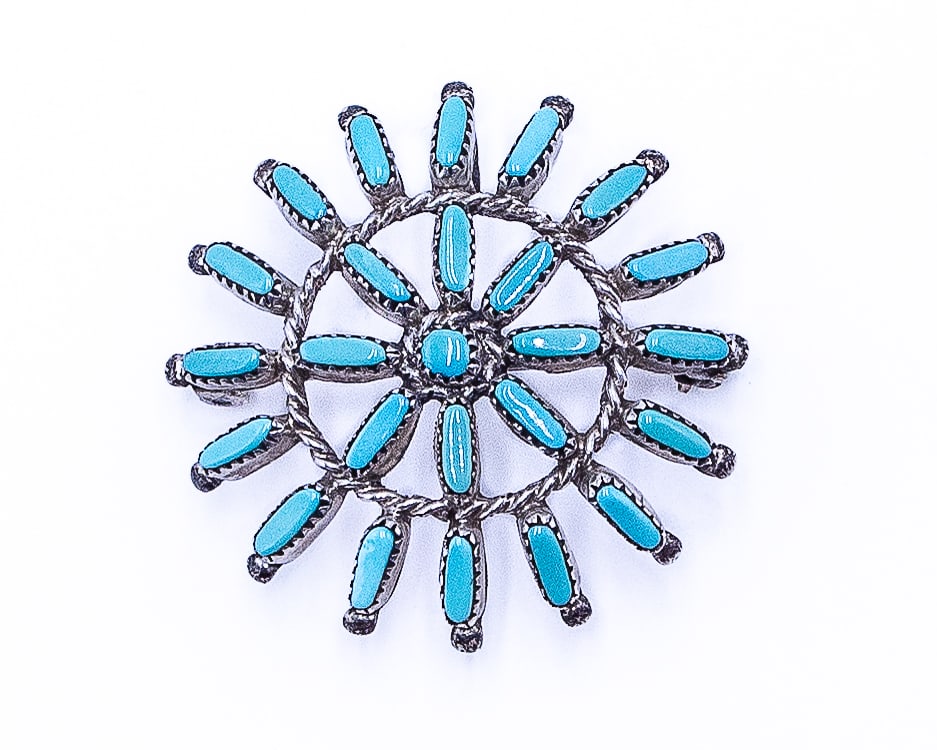 Vintage Zuni Sterling Needlepoint Turquoise Brooch Pendant: Vintage Zuni Sterling Needlepoint Turquoise Brooch Pendant 6g