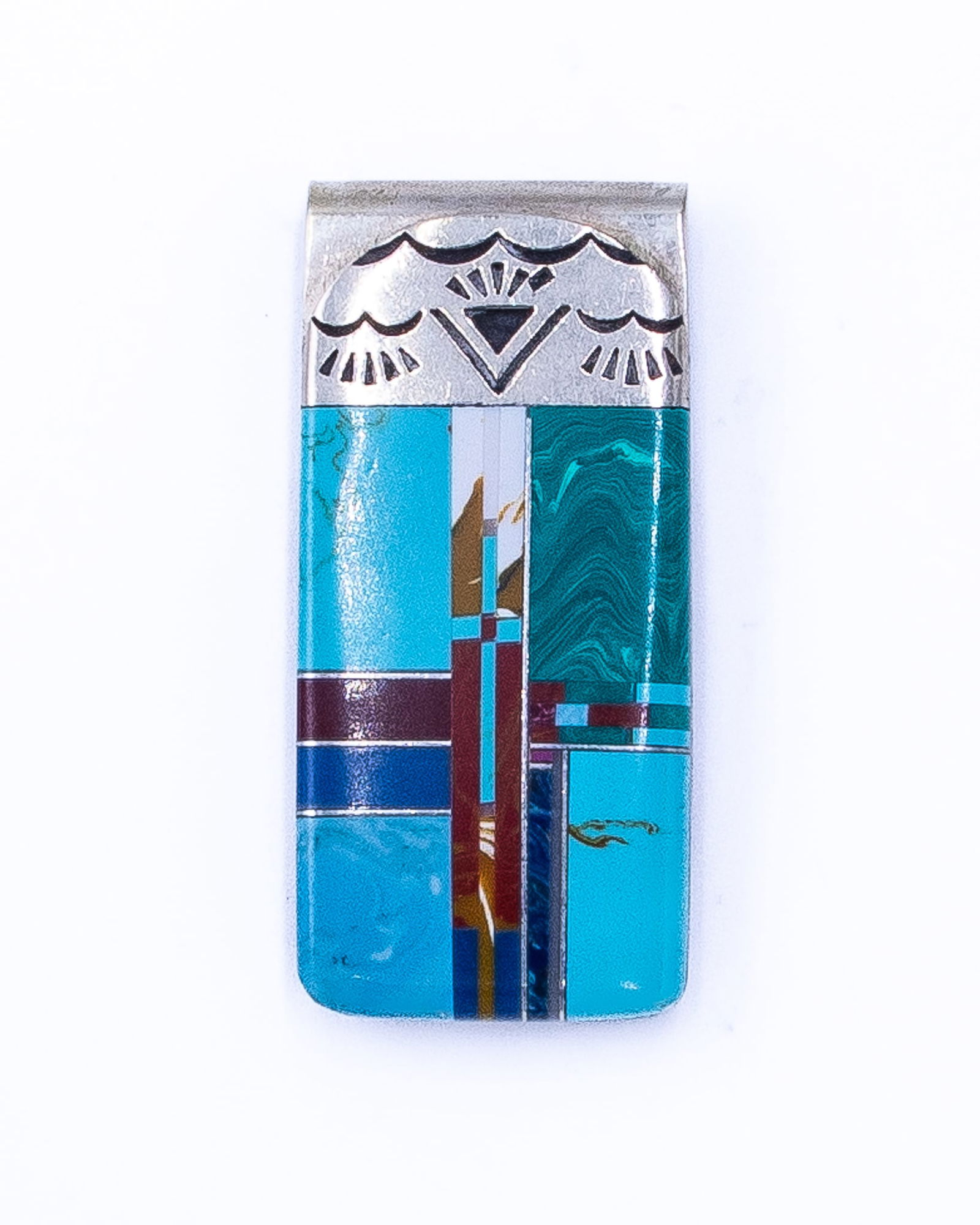 Vintage Navajo Multi Stone Sterling Inlay Money Clip: Vintage Navajo Multi Stone Sterling Inlay Money Clip 23g-Turquoise, Malachite, Coral, Jasper