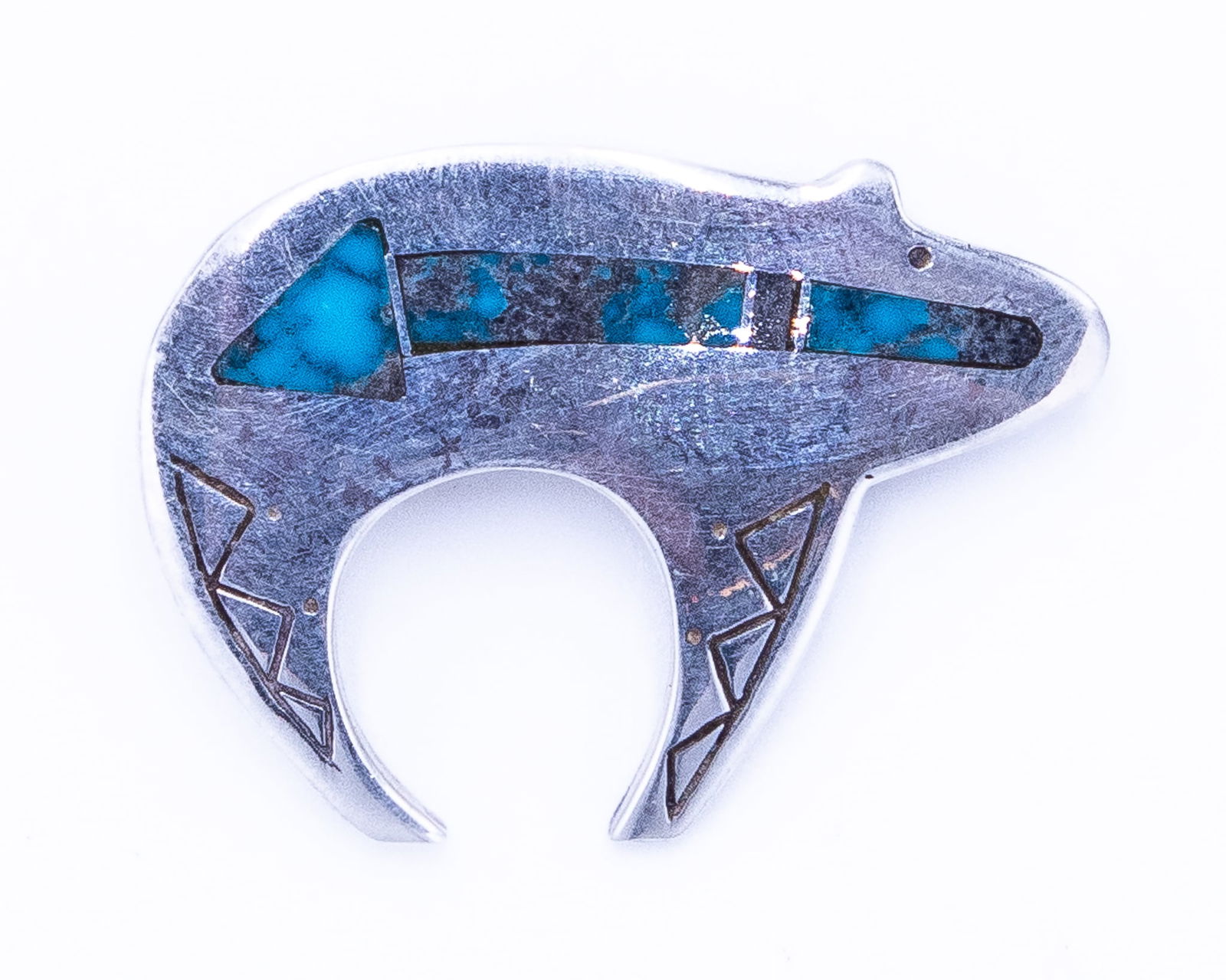 Ray Tracey Knifewing Navajo Turquoise Sterling Bear Heartline Inlay Brooch (1 of 5)