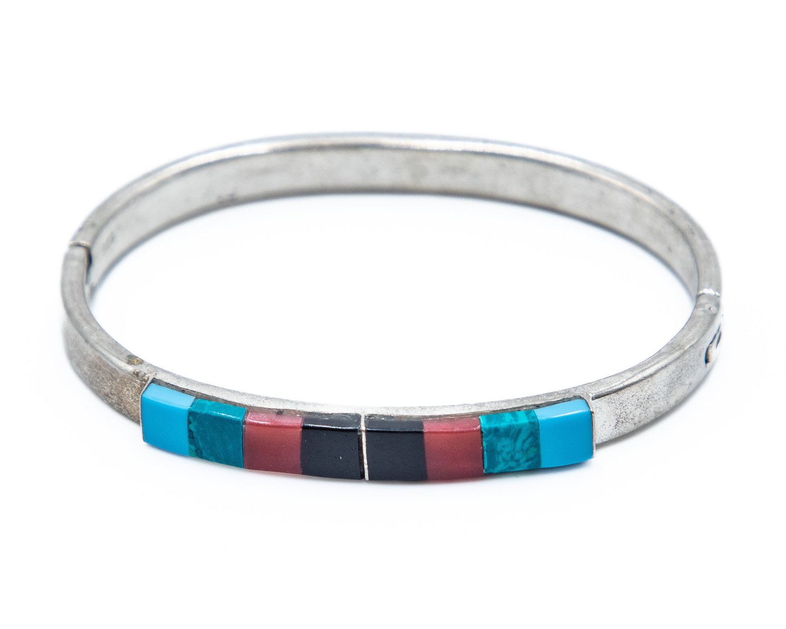 Southwestern Sterling Raised Inlay Hinge Bracelet: Southwestern Onyx Coral Turquoise Sterling Raised Inlay Hinge Bangle Bracelet 26g