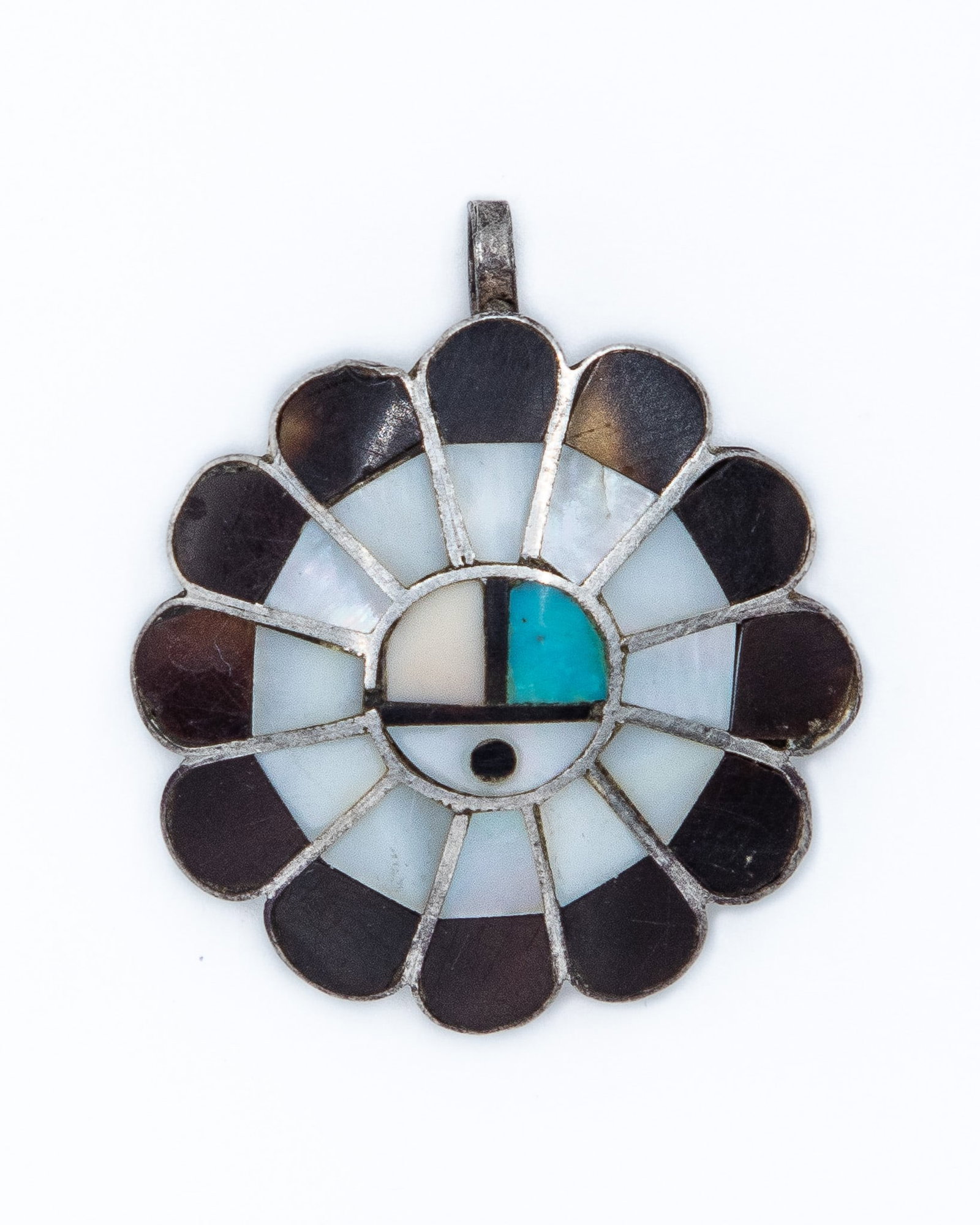 Zuni MOP Onyx Turquoise Sterling Sunface Pendant: Vintage Zuni Mother Of Pearl Onyx Turquoise Sterling Sunface Inlay Pendant 4g