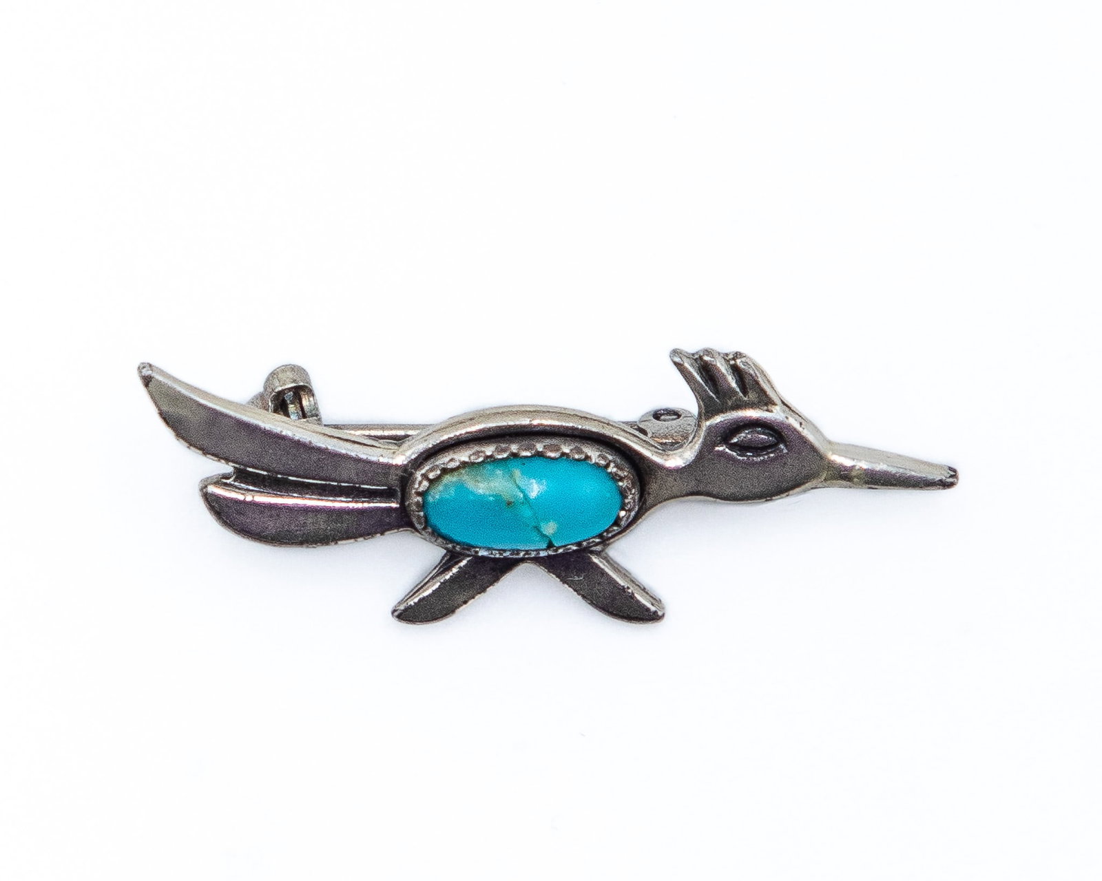 Navajo Turquoise Sterling Roadrunner Brooch: Vintage Navajo Turquoise Sterling Roadrunner Brooch 2g-Crack in Stone
