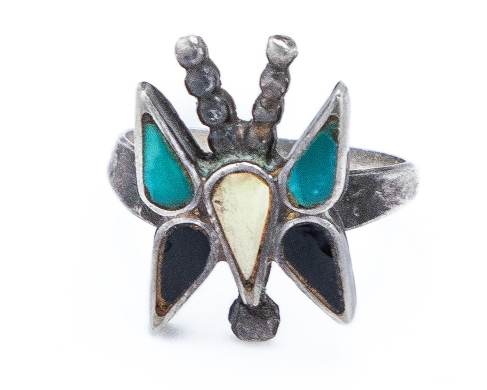 Navajo Sterling Butterfly Ring: Vintage Navajo Turquoise Mother Of Pearl Onyx Sterling Butterfly Ring Sz 5, 2.5g