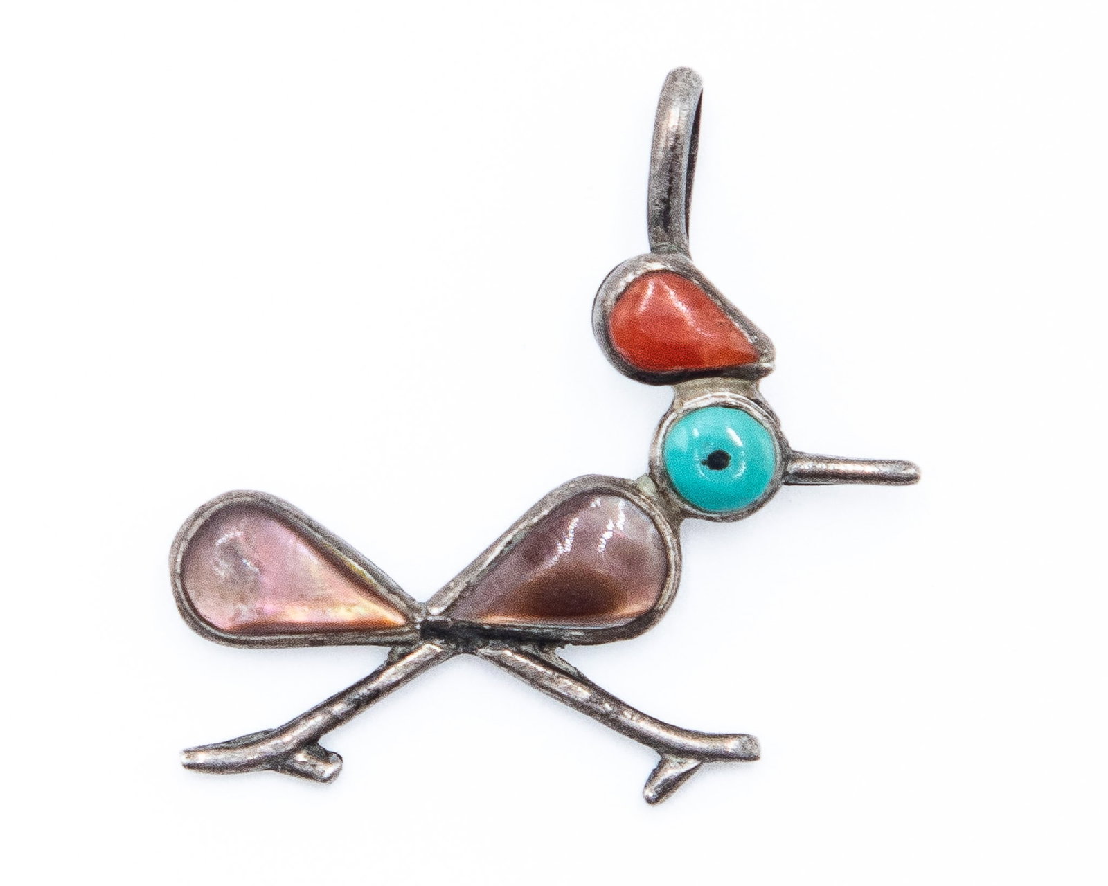 Zuni Sterling Inlay Roadrunner Pendant: Vintage Zuni Turquoise Coral Abalone Sterling Inlay Roadrunner Pendant 1.5g