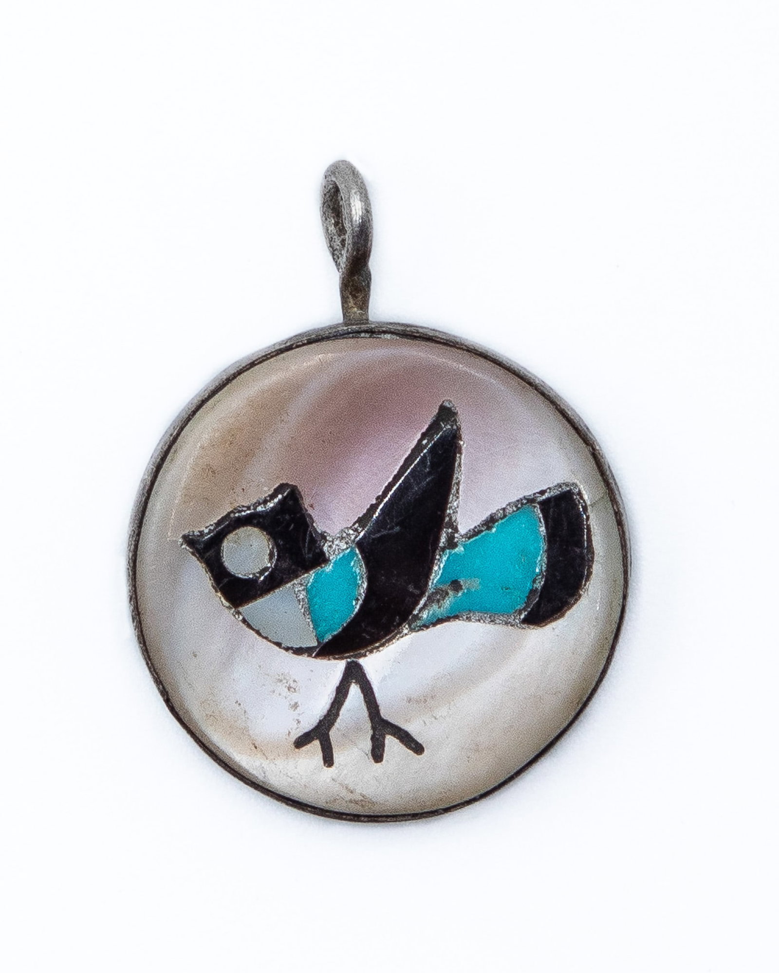 Zuni Turquoise Sterling Inlay Bird Pendant: Vintage Zuni Mother Of Pearl Onyx Turquoise Sterling Inlay Bird Pendant 3g