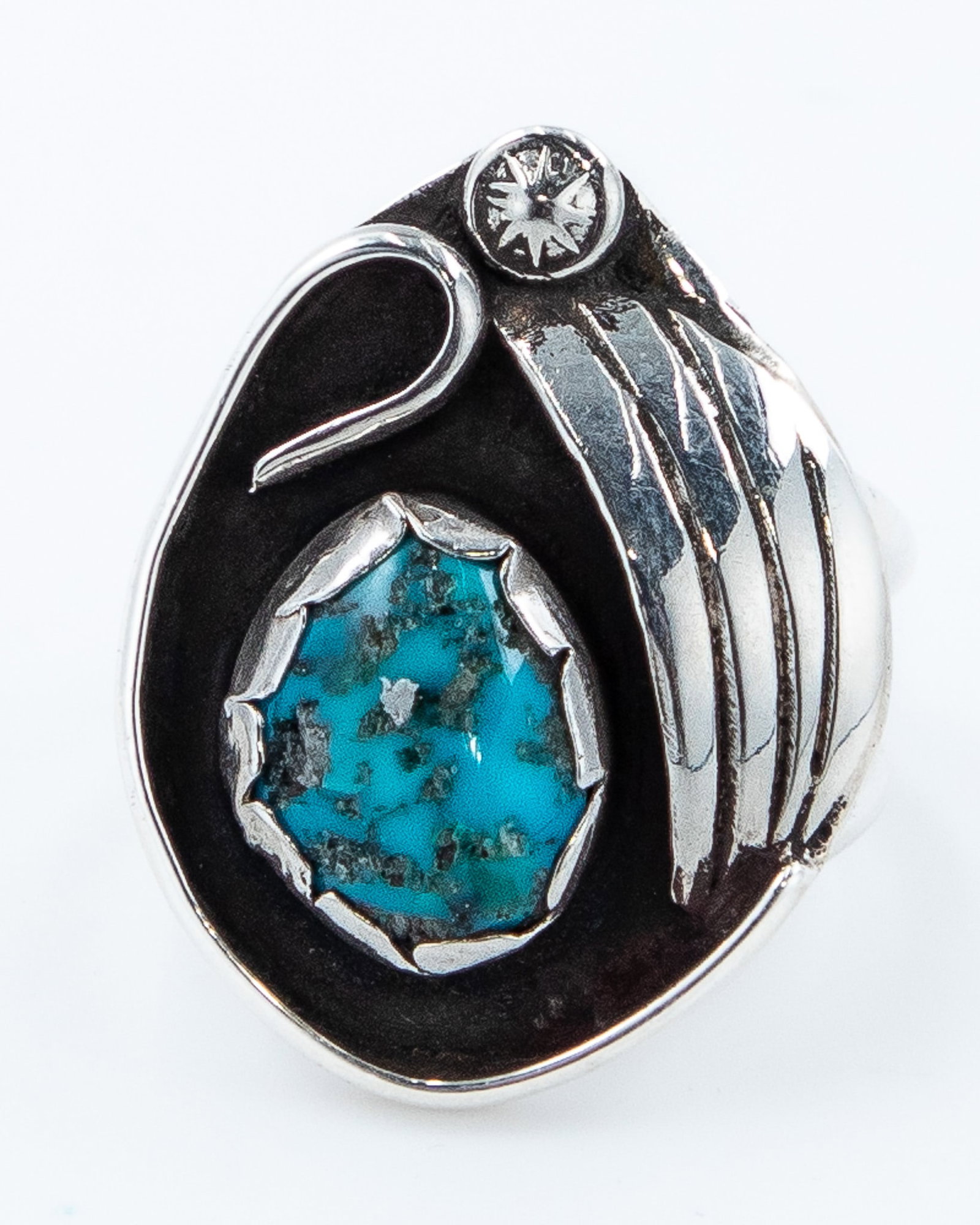 Marcella James Navajo Turquoise Sterling Ring Sz 7: Marcella James Navajo Turquoise Sterling Shadow Box Ring Sz 7, 9.5g
