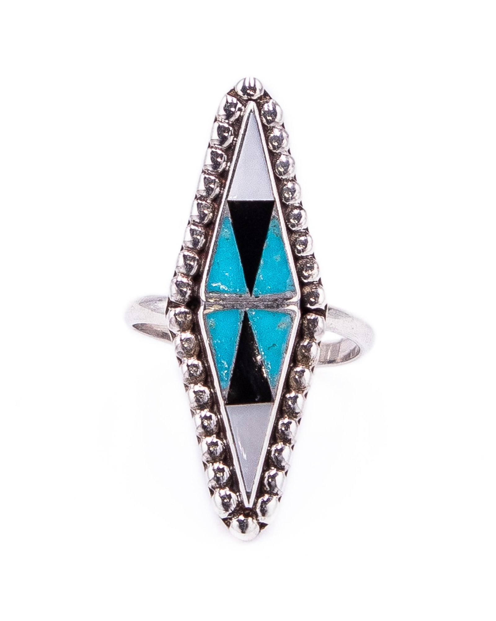 Zuni Turquoise Onyx Sterling Inlay Ring: Vintage Zuni Mother Of Pearl Turquoise Onyx Sterling Inlay Ring Sz 4, 3.5g