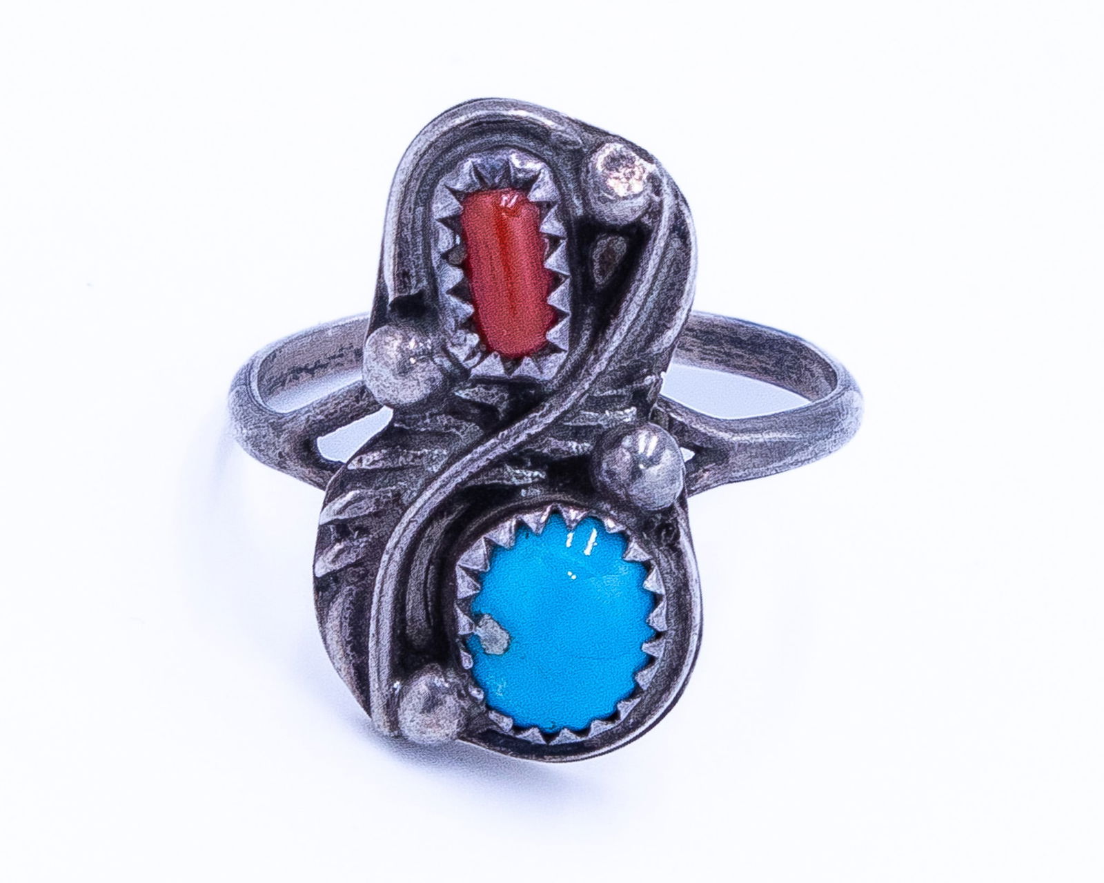 Signed RB Navajo Turquoise Coral Sterling Ring (1 of 6)