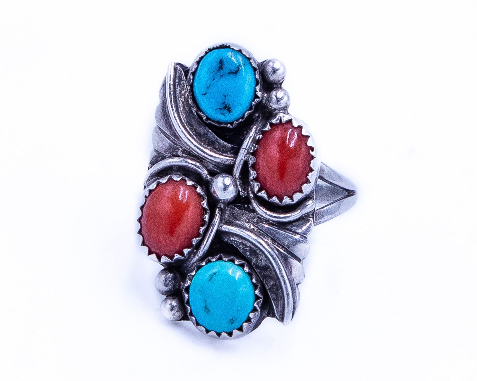 Vintage Navajo Coral Turquoise Sterling Ring Sz 8 (1 of 6)