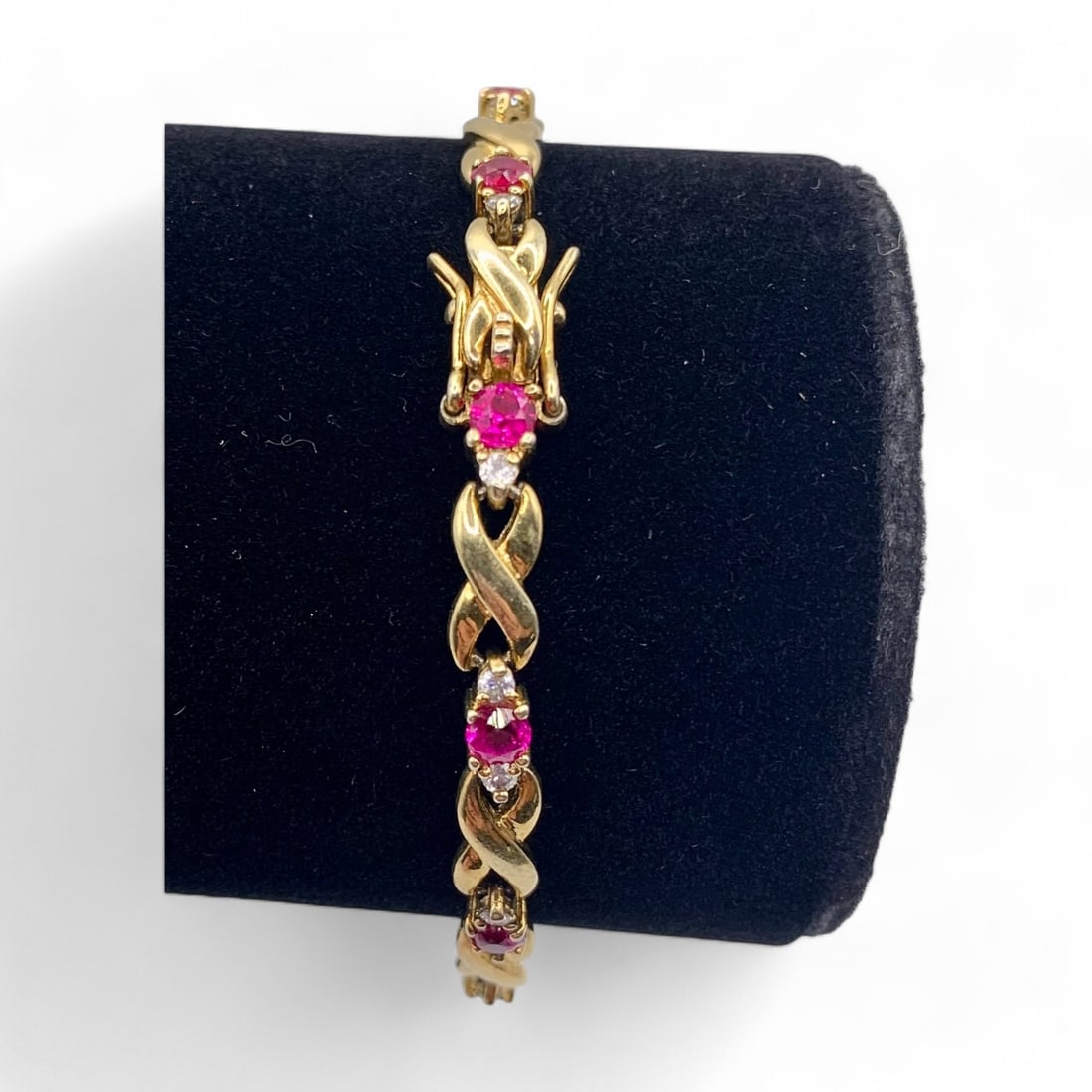 Rose Gold Over Sterling Silver Cubic Zirconia And Dark Pinkish Red Ruby Rhinestone Bracelet 8.5g: Rose Gold Over Sterling Silver Cubic Zirconia And Dark Pinkish Red Ruby Rhinestone Bracelet 8.5g