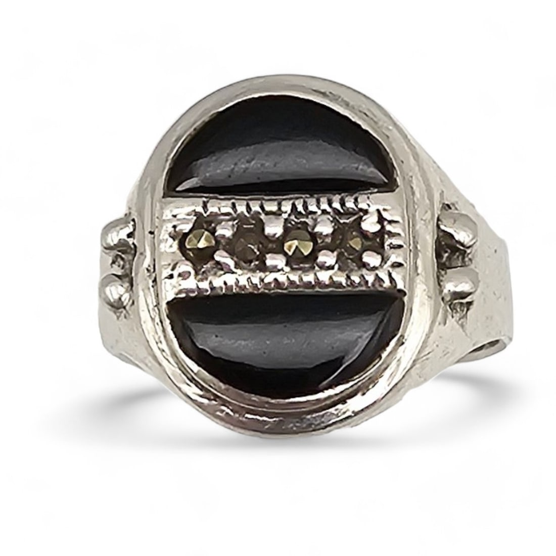 Onyx Marcasite Sterling Silver Ring Size 7.75 6.7 G (1 of 5)