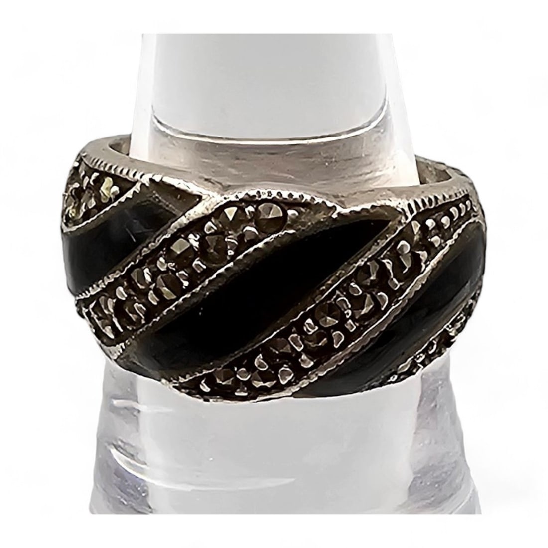 Marcasite Onyx Sterling Silver Cocktail Ring Size 7 7.7 G: Marcasite Onyx Sterling Silver Cocktail Ring Size 7 7.7 G