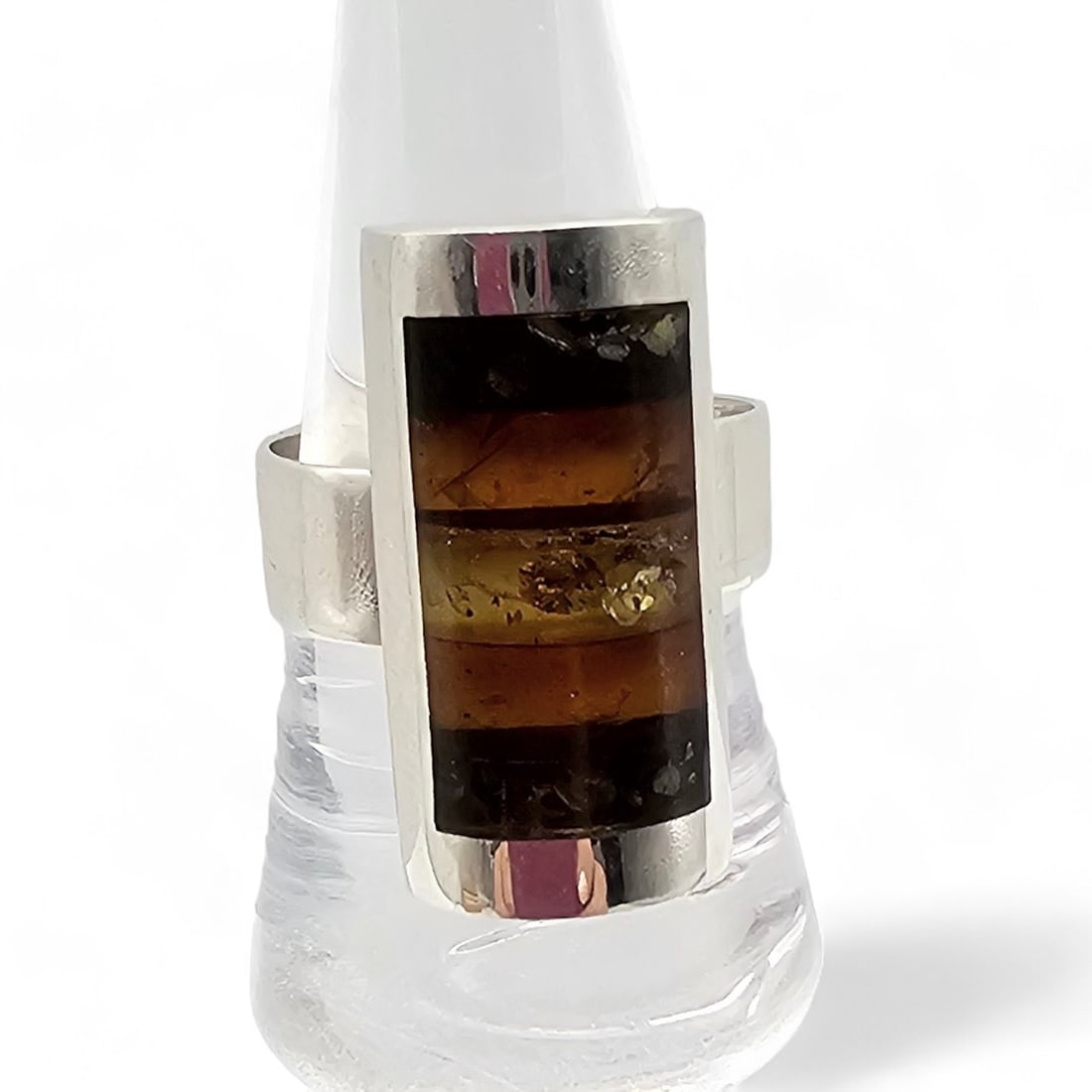 New Great High Quality Poland Multi Color Amber Half Cylinder Sterling Silver Ring Size 10 8.8 G (1 of 5)