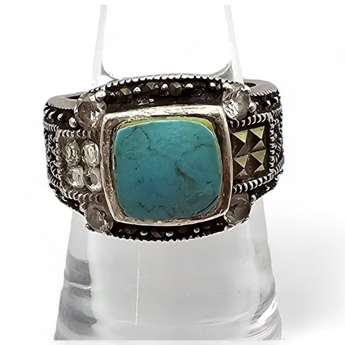 R Faux Turquoise Marcasite Sterling Silver Cocktail Ring Size 6 6.8 G: R Faux Turquoise Marcasite Sterling Silver Cocktail Ring Size 6 6.8 G
