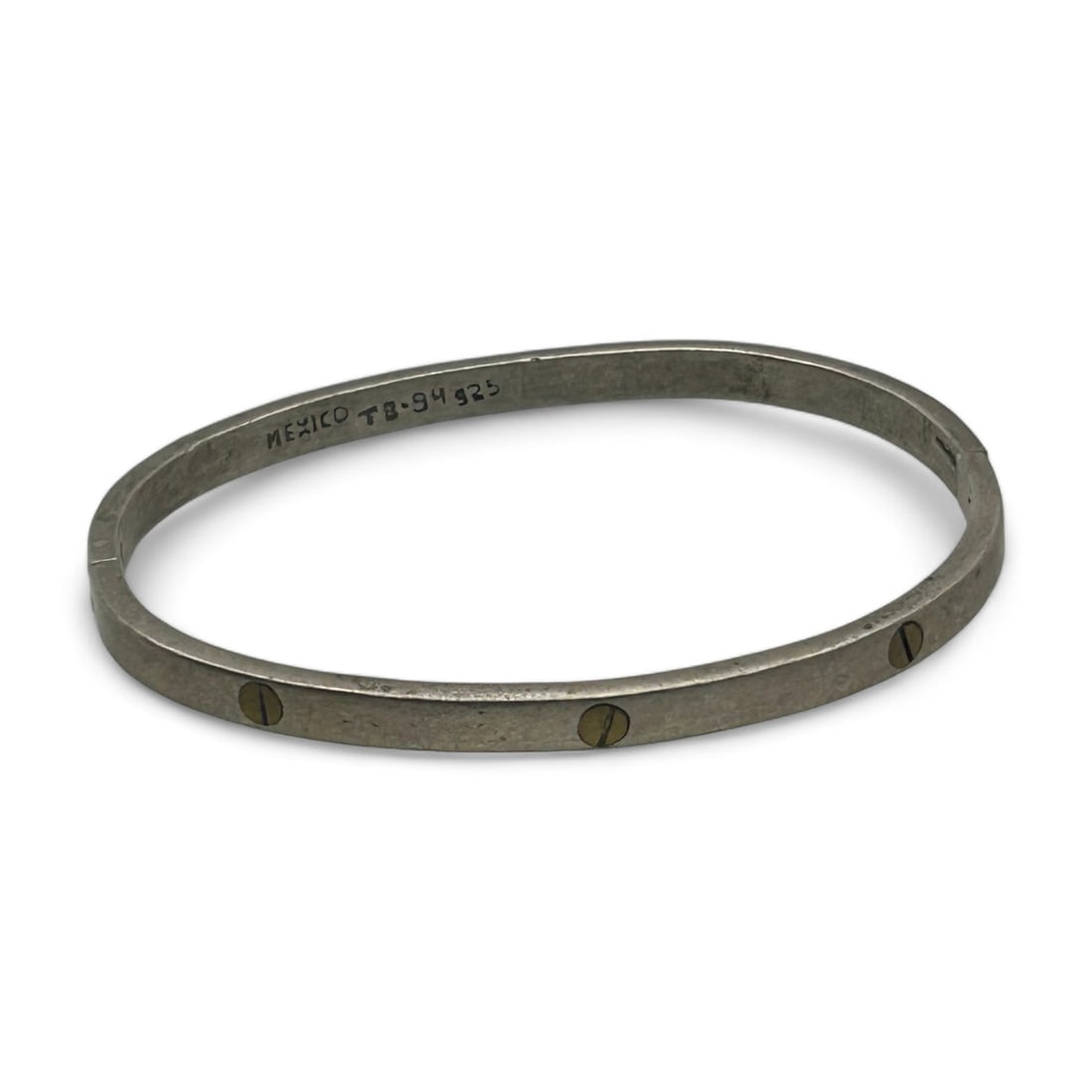 Mexico Sterling Silver Bangle Bracelet With Hinge. Embedded Golden Colored Circle Design. 19.16g (1 of 6)