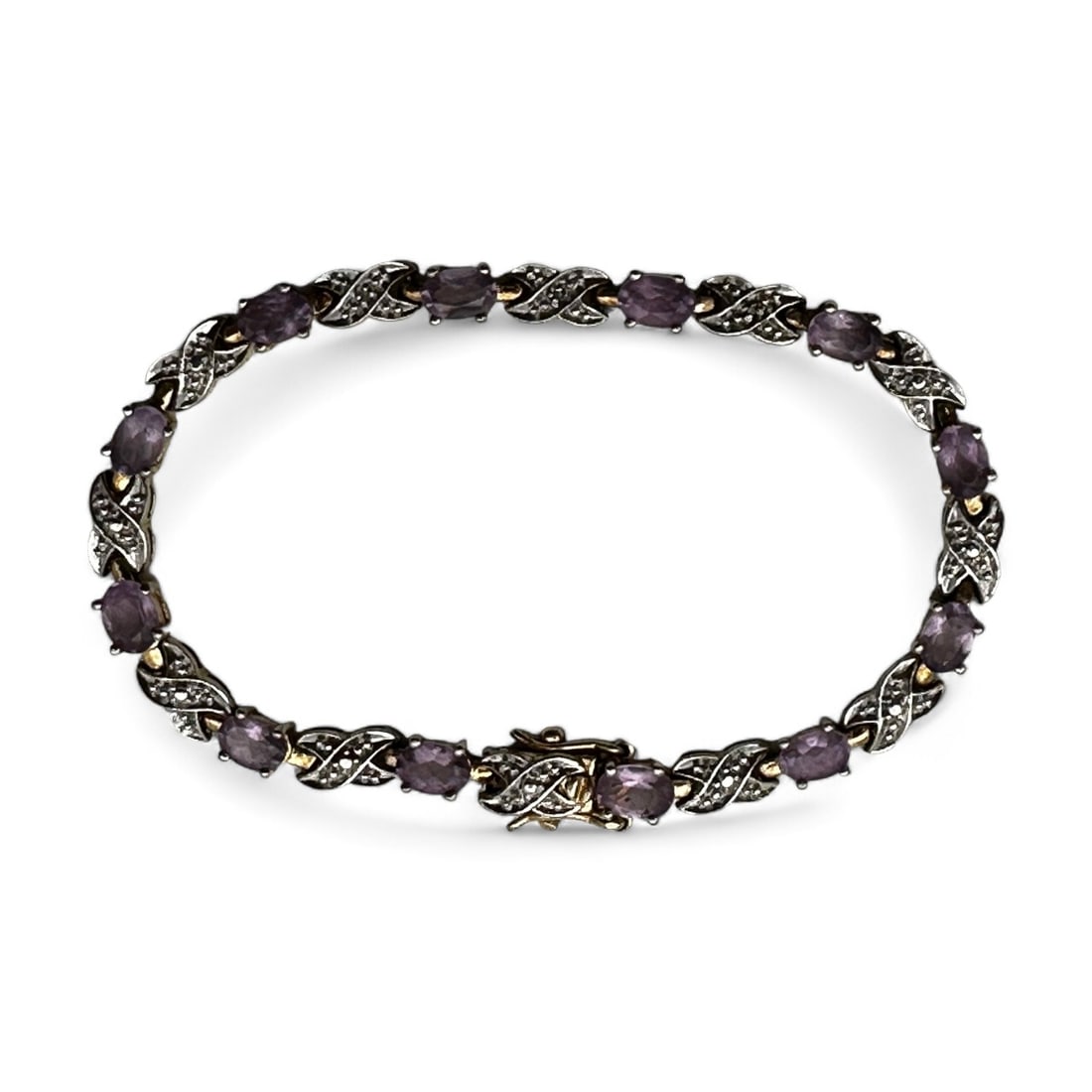 CISS Sterling Silver Colored Gold X & O Tennis Bracelet With Purple Stones 11.56g: CISS Sterling Silver Colored Gold X & O Tennis Bracelet With Purple Stones 11.56g