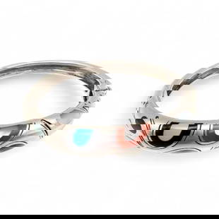 Asch Grossbardt 18k Gold & Sterling Silver Multistone Hinge Bangle Bracelet 34.4g: Asch Grossbardt 18k Gold and Sterling Silver Mother Of Pearl, Onyx, Malachite, Turquoise, Coral Inlay Hinge Bangle Bracelet 34.4g. Signed "AG"- Asch Grossbardt.