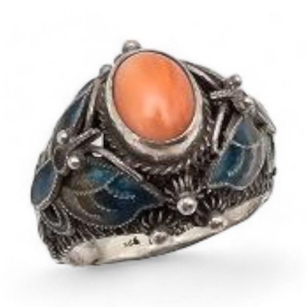"RU?" Coral Enamel Sterling Silver Ring Sz. 5.5 6 G (1 of 5)