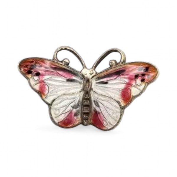 CX P.G. Guilloche Enamel Sterling Silver Butterfly Pendant Pink and White 2.2 G: CX P.G. Guilloche Enamel Sterling Silver Butterfly Pendant Pink and White 2.2 G
