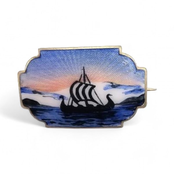 Norway H Ivar T. Holth Guilloche Enamel Sterling Silver Viking Ship Scene Brooch 4.4 G (1 of 3)
