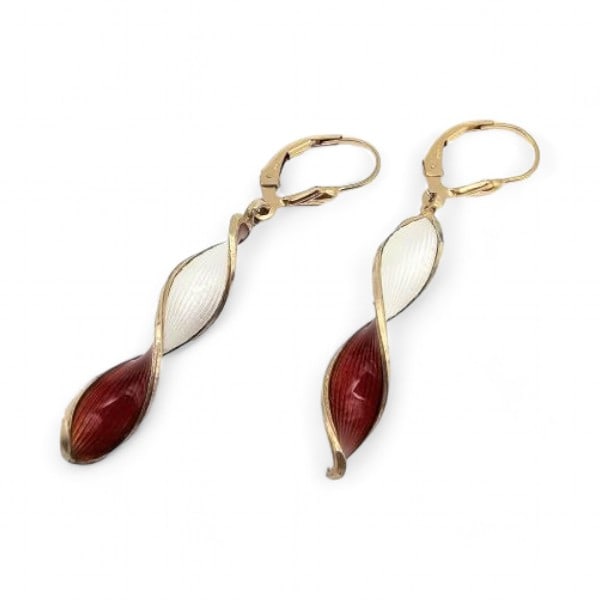 14K Gold Filled Guilloche Enamel Red and White Spiral Drop Dangle Earrings 4.3 G (1 of 2)