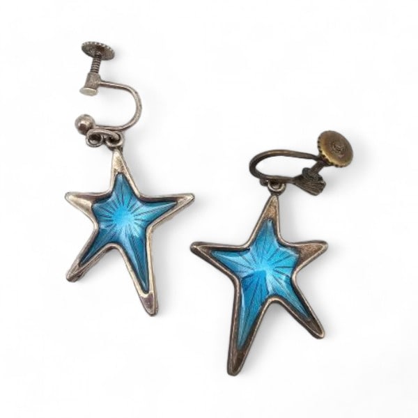 Denmark MEKA Guilloche Enamel Sterling Silver Blue Star Drop Earrings 6.2 G (1 of 3)