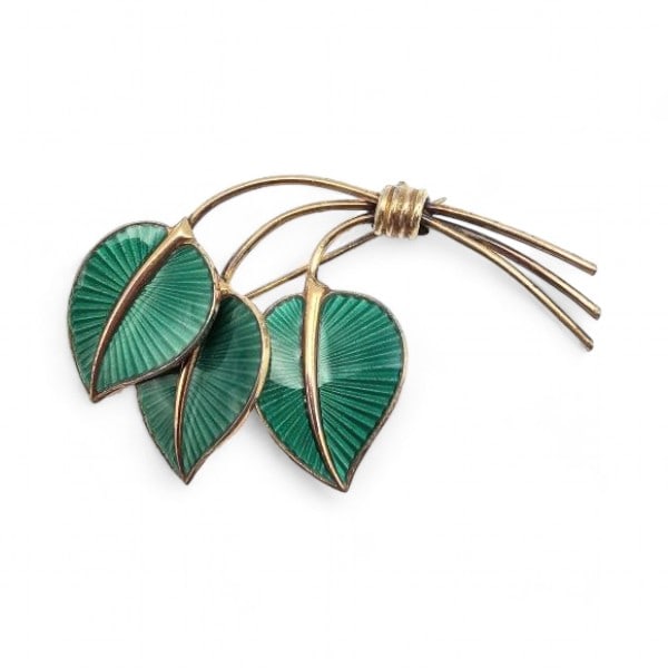 ALch Guilloche Enamel Sterling Silver Green Leaf Brooch 9 G: ALch Guilloche Enamel Sterling Silver Green Leaf Brooch 9 G