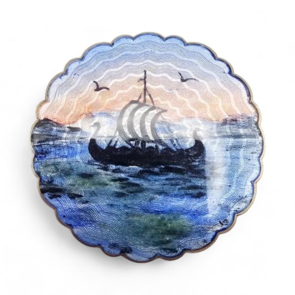 Norway H Ivar T Holth Guilloche Enamel Sterling Silver Viking Ship Scene Scalloped Brooch 18.1 G (1 of 3)