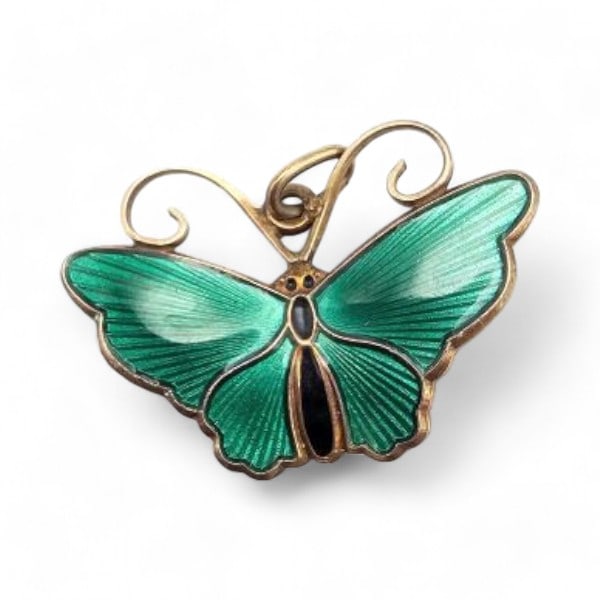 Norway DA David Andersen Guilloche Enamel Sterling Silver Green Butterfly Brooch 3.4 G (1 of 3)