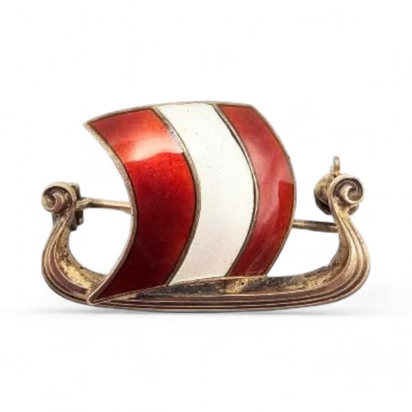Norway E M Einar Modahl Guilloche Enamel Sterling Silver Viking Ship Brooch 5.1 G (1 of 3)